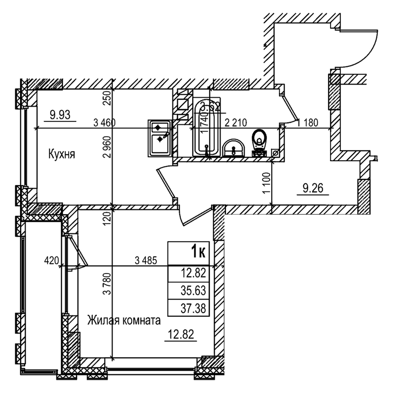 Планировка 1-к.кв 35.60 м² в ЖК «Чернышевский»