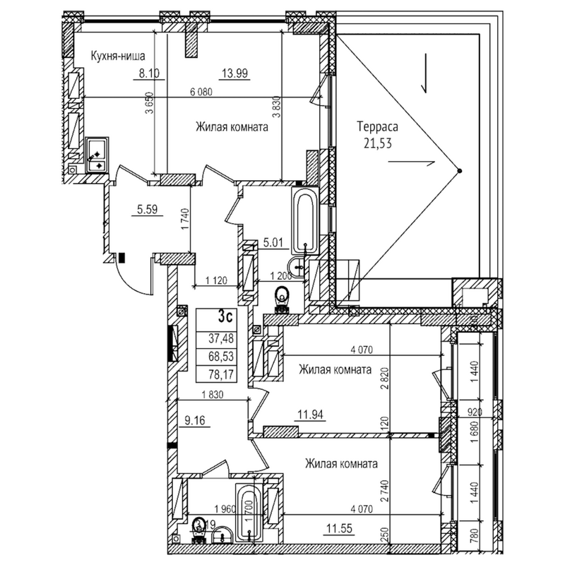 Планировка 3е-к.кв 68.50 м² в ЖК «Чернышевский»