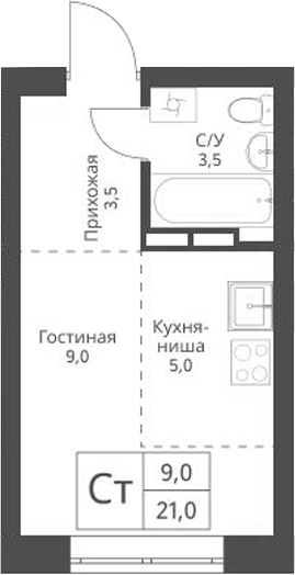 Планировка студии 21.00 м² в ЖК «Экоград 12 дворов»