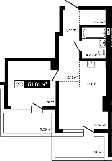 Планировка 2е-к. квартира 40.96 м² в ЖК «Платина»