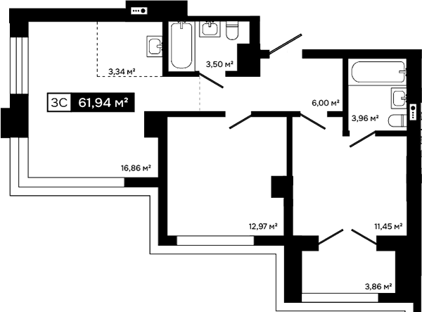 Планировка 3е-к.кв 58.08 м² в ЖК «Платина»