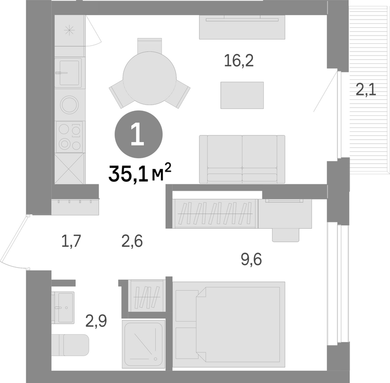 Планировка 1-к.кв 33.00 м² в ЖК «Лебедевский»