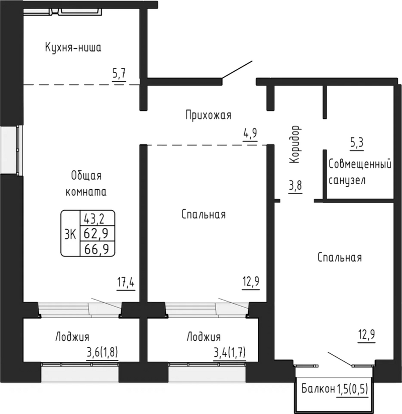 Планировка 3-к. квартира 62.90 м² в ЖК «Гренландия»