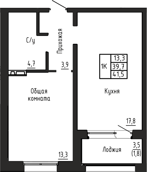Планировка 1-к.кв 39.70 м² в ЖК «Акварельный 4.0»