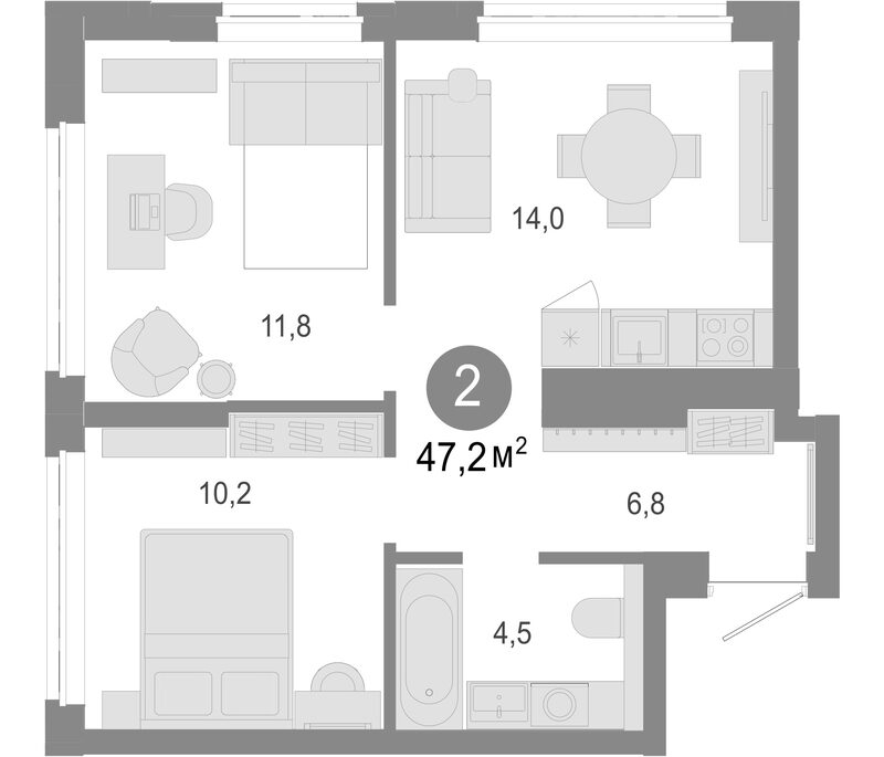 Планировка 3е-к.кв 47.20 м² в ЖК «Молодость»