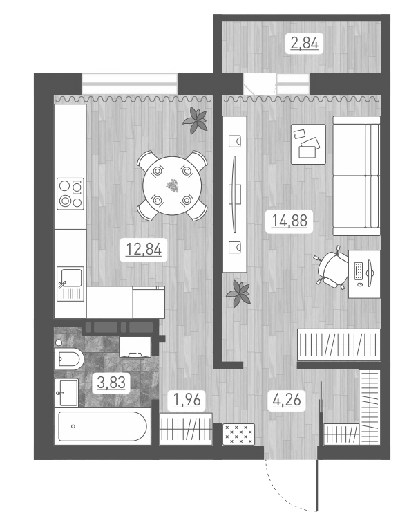 Планировка 1-к.кв 37.77 м² в ЖК «Радуга Сибири»