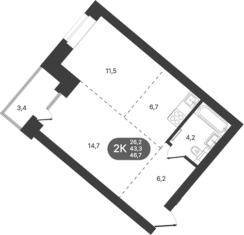 Планировка 2-к.кв 45.00 м² в ЖК «Спектр»