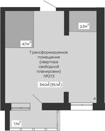 Планировка своб. план. 35.10 м² в ЖК «Уютный квартал. Кемерово»