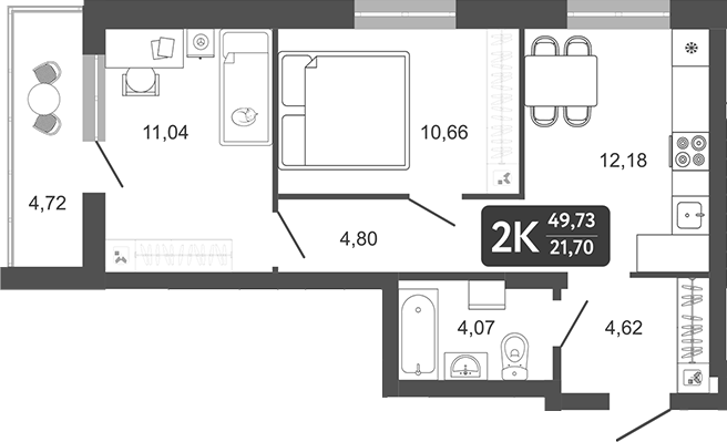 Планировка 2-к. квартира 47.37 м² в ЖК «Наследие. Кемерово»