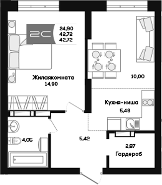 Планировка 2е-к.кв 42.72 м² в ЖК «Салют»