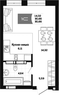 Планировка студия 30.66 м² в ЖК «Салют»