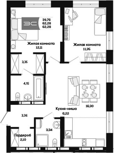 Планировка 3е-к. квартира 62.28 м² в ЖК «Салют»