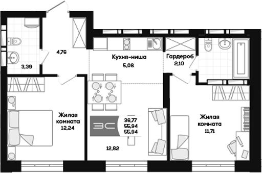 Планировка 3е-к.кв 55.94 м² в ЖК «Салют»