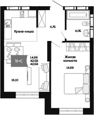 Планировка 1-к. квартира 42.58 м² в ЖК «Салют»