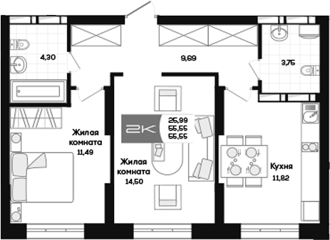 Планировка 2-к. квартира 55.55 м² в ЖК «Салют»