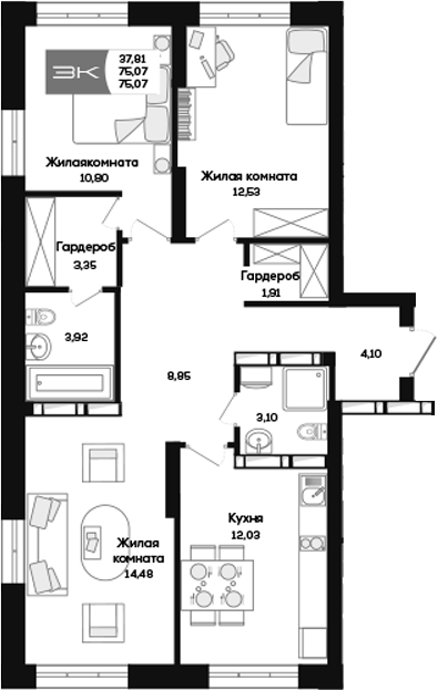 Планировка 3-к. квартира 75.07 м² в ЖК «Салют»