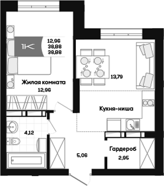 Планировка 1-к.кв 38.88 м² в ЖК «Салют»
