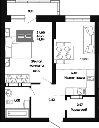Планировка 2е-к.кв 42.73 м² в ЖК «Салют»