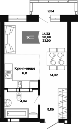 Планировка студии 30.66 м² в ЖК «Салют»