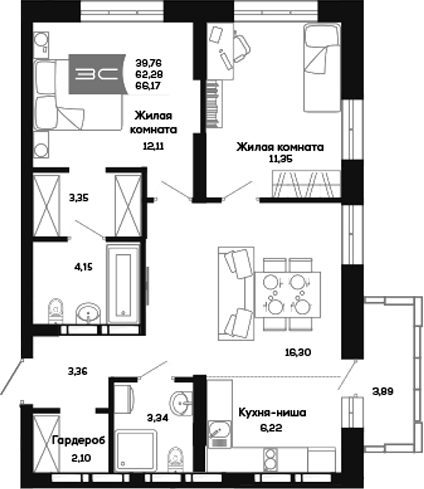 Планировка 3е-к. квартира 62.25 м² в ЖК «Салют»