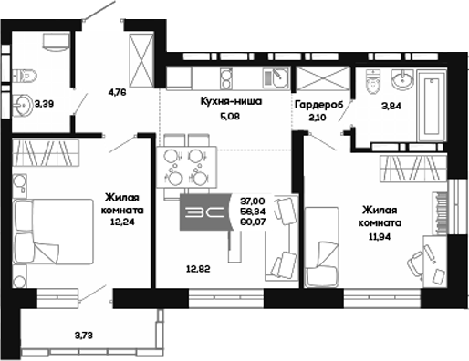 Планировка 3е-к. квартира 56.34 м² в ЖК «Салют»