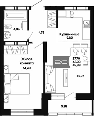 Планировка 1-к. квартира 42.33 м² в ЖК «Салют»