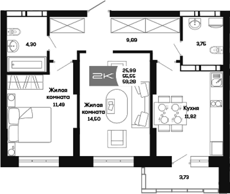 Планировка 2-к. квартира 55.55 м² в ЖК «Салют»
