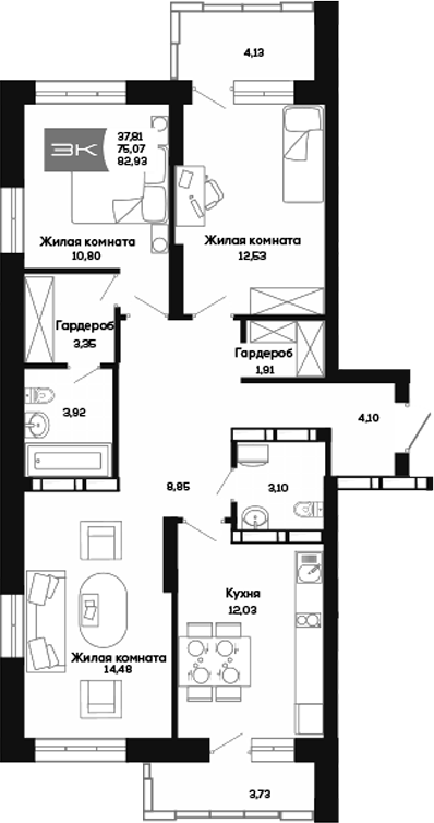 Планировка 3-к.кв 75.06 м² в ЖК «Салют»