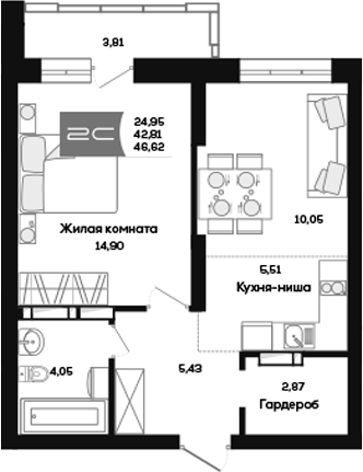 Планировка 2е-к.кв 42.81 м² в ЖК «Салют»