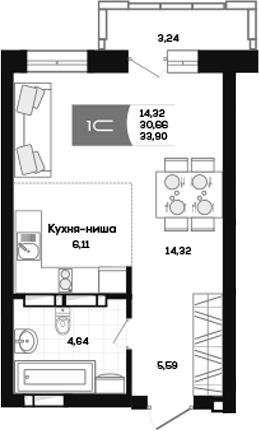 Планировка студии 30.66 м² в ЖК «Салют»