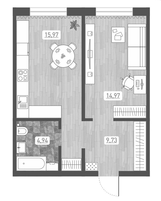 Планировка 1-к.кв 45.61 м² в ЖК «Радуга Сибири»