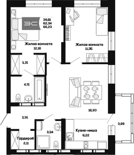Планировка 3е-к. квартира 62.34 м² в ЖК «Салют»