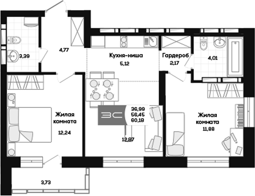 Планировка 3е-к.кв 56.54 м² в ЖК «Салют»