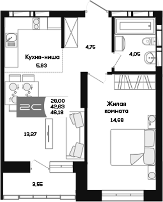 Планировка 1-к. квартира 42.63 м² в ЖК «Салют»