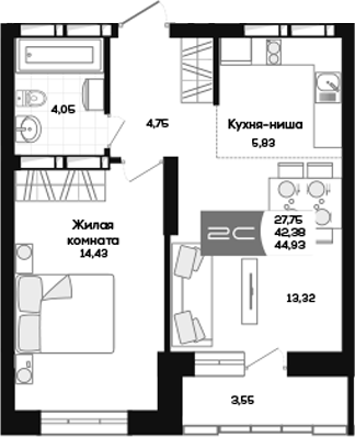 Планировка 1-к. квартира 42.38 м² в ЖК «Салют»