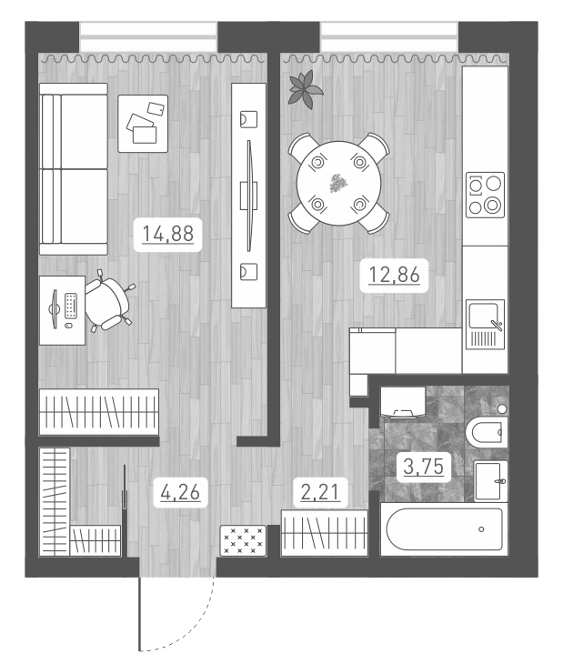 Планировка 1-к.кв 37.96 м² в ЖК «Радуга Сибири»