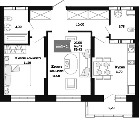 Планировка 2-к. квартира 55.70 м² в ЖК «Салют»