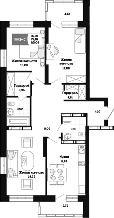 Планировка 3-к. квартира 75.17 м² в ЖК «Салют»
