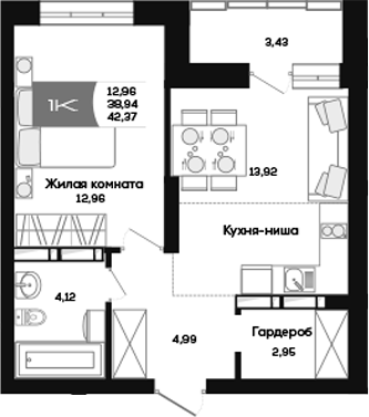 Планировка 1-к. квартира 39.09 м² в ЖК «Салют»