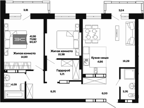 Планировка 3е-к.кв 73.82 м² в ЖК «Салют»