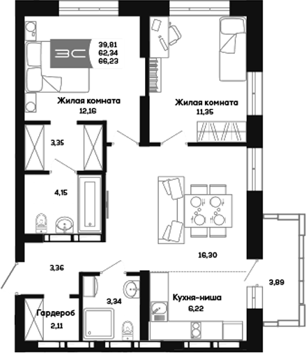 Планировка 3е-к.кв 62.34 м² в ЖК «Салют»