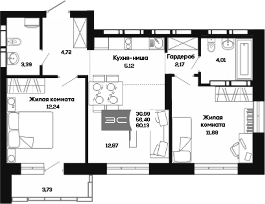 Планировка 3е-к.кв 56.40 м² в ЖК «Салют»