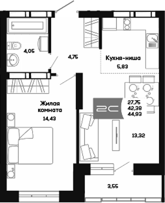 Планировка 1-к. квартира 42.38 м² в ЖК «Салют»