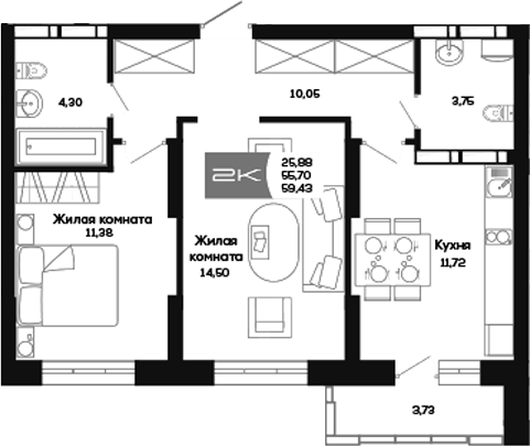 Планировка 2-к. квартира 55.70 м² в ЖК «Салют»