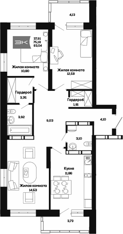 Планировка 3-к. квартира 75.17 м² в ЖК «Салют»