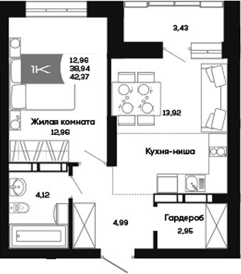 Планировка 1-к. квартира 39.09 м² в ЖК «Салют»