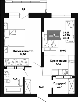 Планировка 2е-к. квартира 42.80 м² в ЖК «Салют»