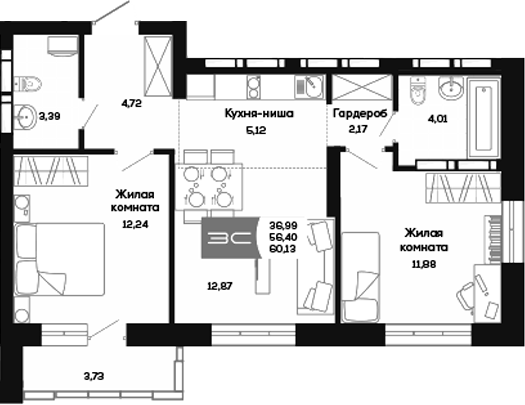 Планировка 3е-к.кв 56.40 м² в ЖК «Салют»