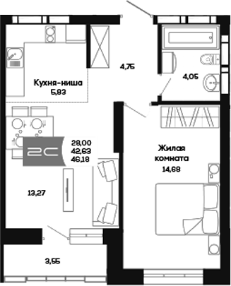 Планировка 1-к. квартира 42.63 м² в ЖК «Салют»