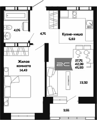 Планировка 1-к.кв 42.38 м² в ЖК «Салют»